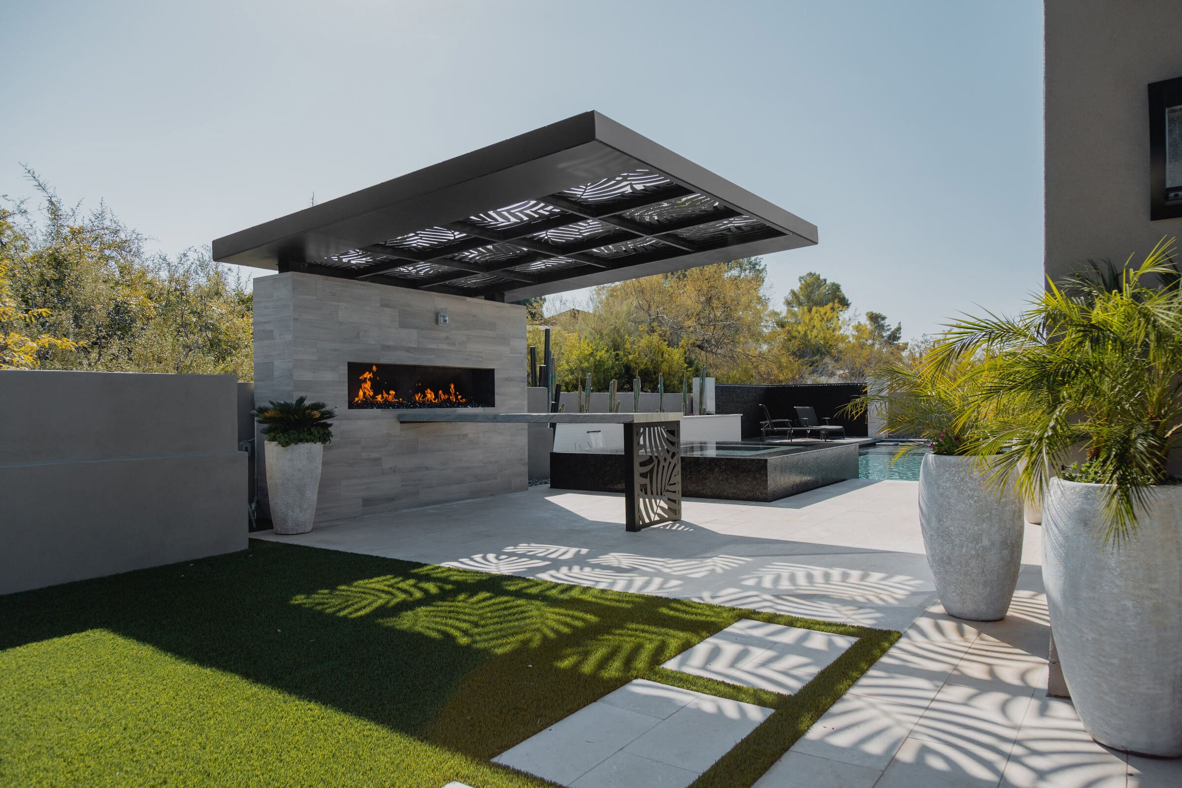 custom pergola and outdoor living space designed for a Paradise Valley custom home builder