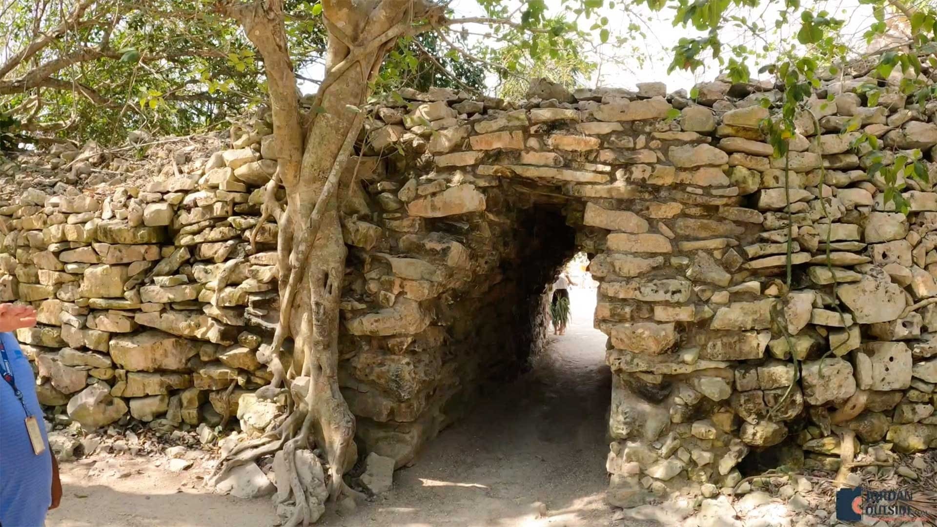 Tulum style plaster wall entrance with wood door and palms